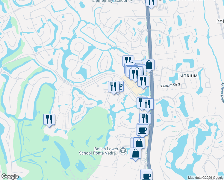 map of restaurants, bars, coffee shops, grocery stores, and more near 1000 Pga Tour Boulevard in Ponte Vedra