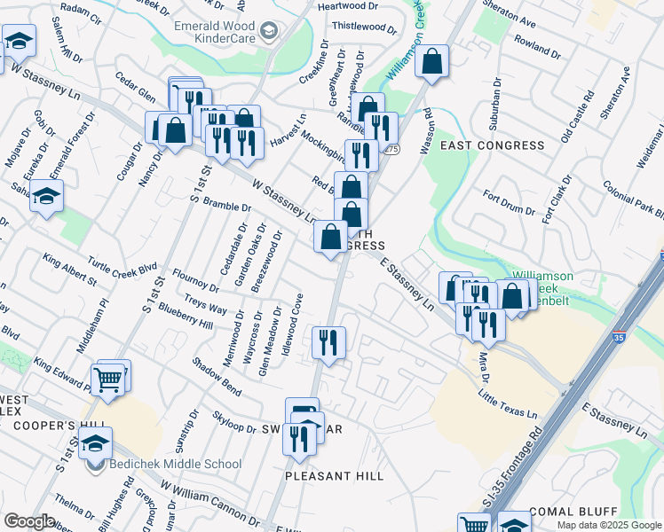map of restaurants, bars, coffee shops, grocery stores, and more near 5700 South Congress Avenue in Austin