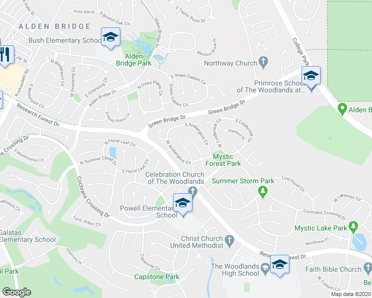 map of restaurants, bars, coffee shops, grocery stores, and more near 46 North Dragonwood Place in Spring