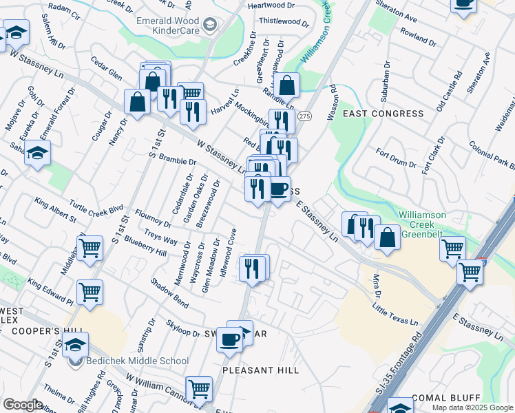 map of restaurants, bars, coffee shops, grocery stores, and more near 5700 South Congress Avenue in Austin