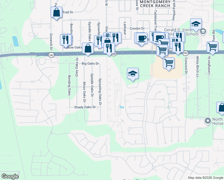 map of restaurants, bars, coffee shops, grocery stores, and more near 9858 Tern Court in Conroe