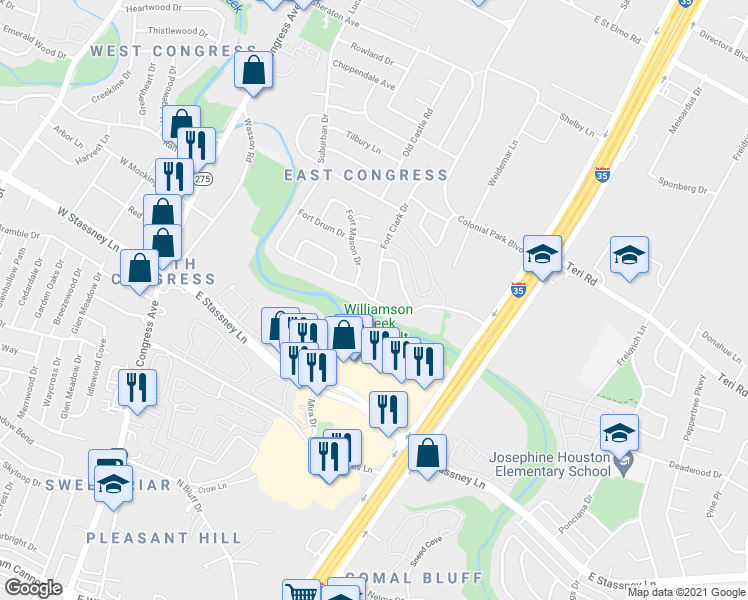 map of restaurants, bars, coffee shops, grocery stores, and more near Battle Bend Boulevard in Austin