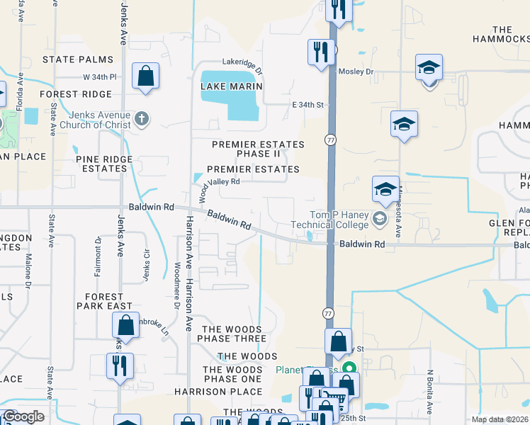 map of restaurants, bars, coffee shops, grocery stores, and more near 300 Baldwin Rowe Circle in Panama City