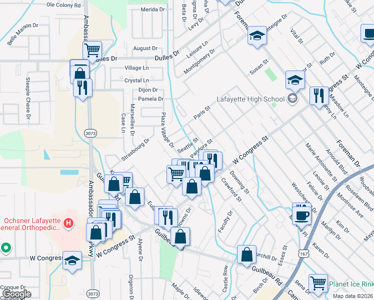 map of restaurants, bars, coffee shops, grocery stores, and more near 109 Seattle Street in Lafayette