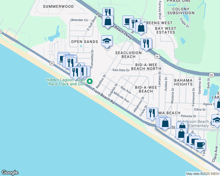 map of restaurants, bars, coffee shops, grocery stores, and more near 14204 Millcole Avenue in Panama City Beach