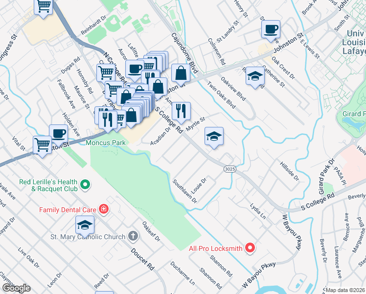 map of restaurants, bars, coffee shops, grocery stores, and more near 108 South Arlington Drive in Lafayette