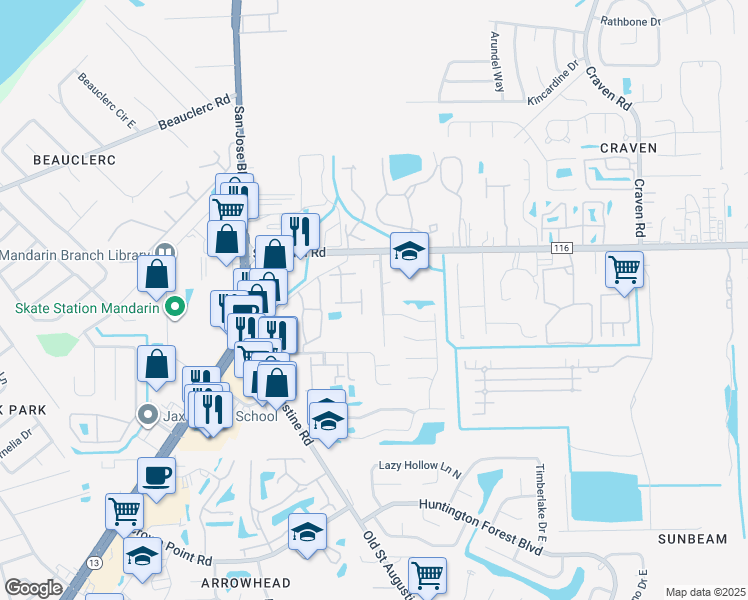 map of restaurants, bars, coffee shops, grocery stores, and more near 9616 Melvina Road in Jacksonville