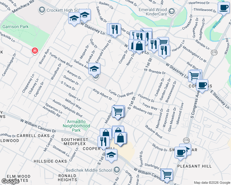 map of restaurants, bars, coffee shops, grocery stores, and more near 806 Turtle Creek Boulevard in Austin