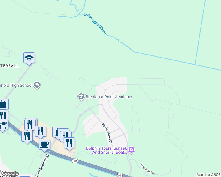 map of restaurants, bars, coffee shops, grocery stores, and more near 704 Breakfast Point Boulevard in Panama City Beach