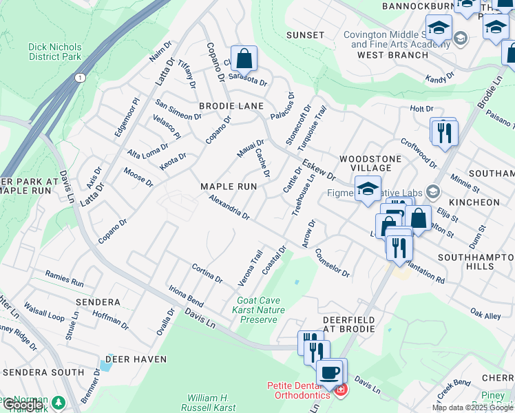 map of restaurants, bars, coffee shops, grocery stores, and more near 8311 Horton Trail in Austin