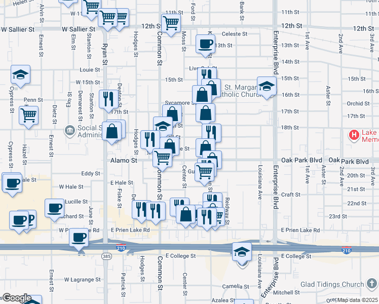 map of restaurants, bars, coffee shops, grocery stores, and more near 706 Orange Street in Lake Charles