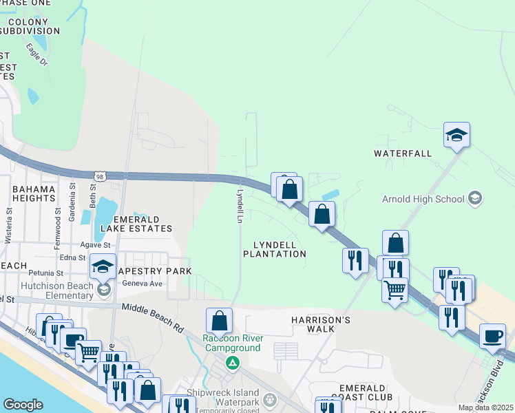 map of restaurants, bars, coffee shops, grocery stores, and more near 12242 Lyndell Plantation Drive in Panama City Beach