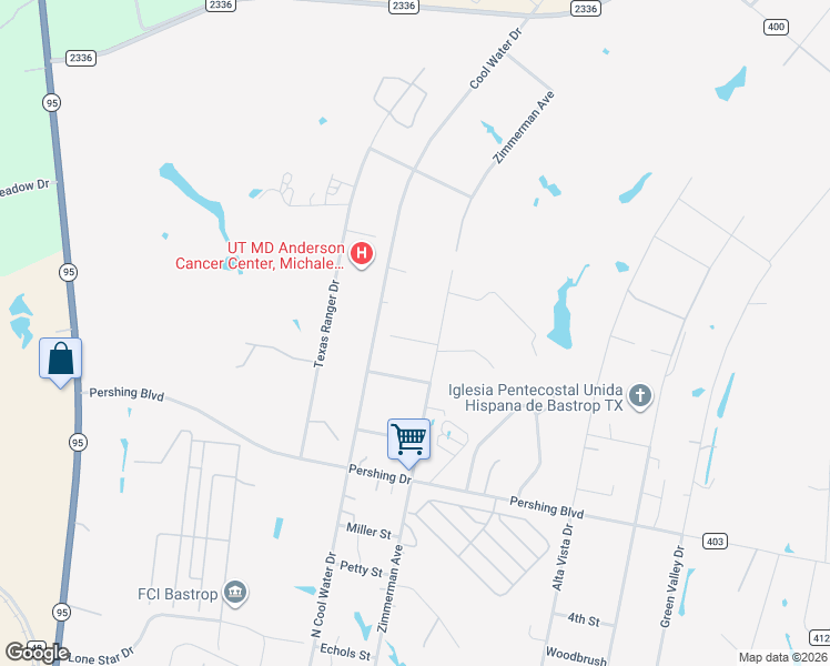 map of restaurants, bars, coffee shops, grocery stores, and more near 112 Mockingbird Street in Bastrop