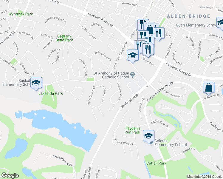 map of restaurants, bars, coffee shops, grocery stores, and more near 18 Juniper Grove Place in The Woodlands