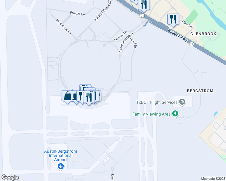 map of restaurants, bars, coffee shops, grocery stores, and more near 9900 Service Avenue in Austin