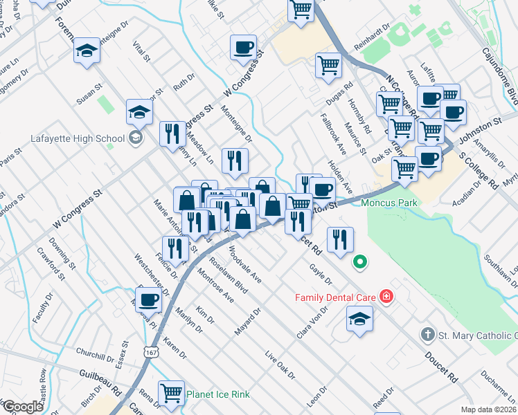 map of restaurants, bars, coffee shops, grocery stores, and more near 101 Vital Street in Lafayette