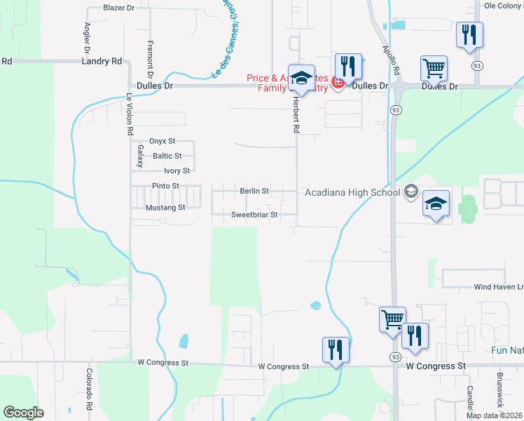 map of restaurants, bars, coffee shops, grocery stores, and more near 302 Sweetbriar Street in Lafayette