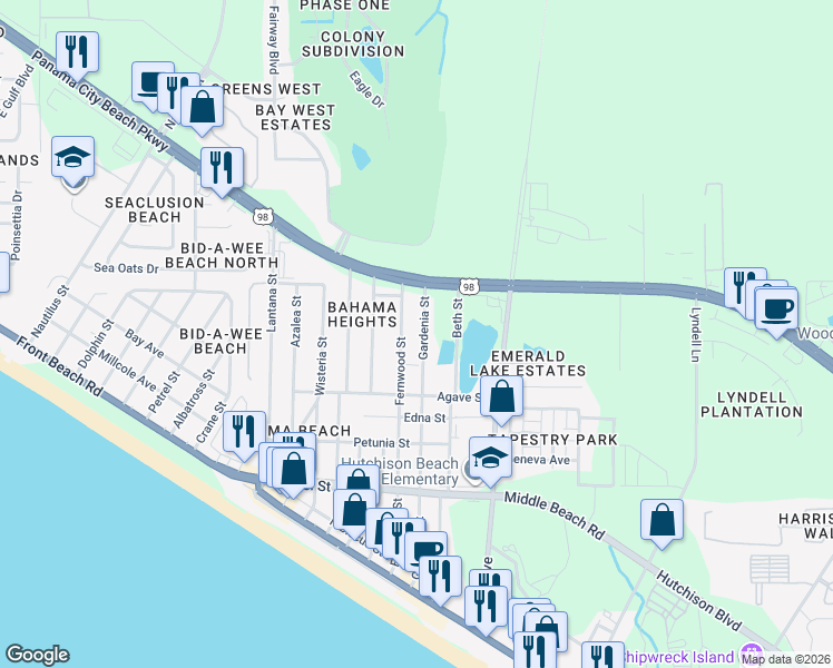 map of restaurants, bars, coffee shops, grocery stores, and more near 112 Gardenia Street in Panama City Beach