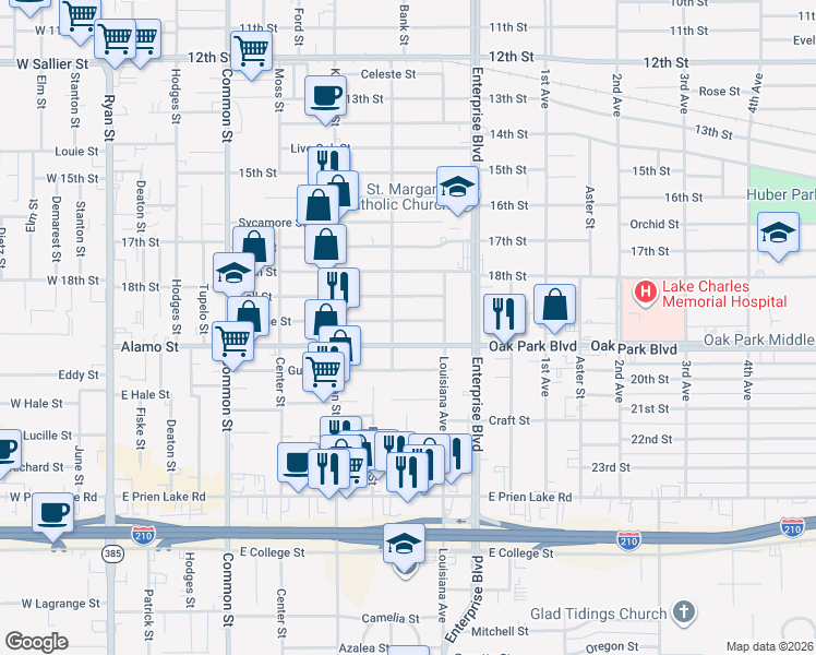 map of restaurants, bars, coffee shops, grocery stores, and more near 1010 Orange St in Lake Charles