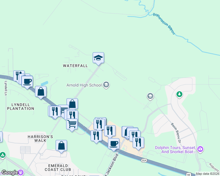 map of restaurants, bars, coffee shops, grocery stores, and more near 550 Alf Coleman Road in Panama City Beach
