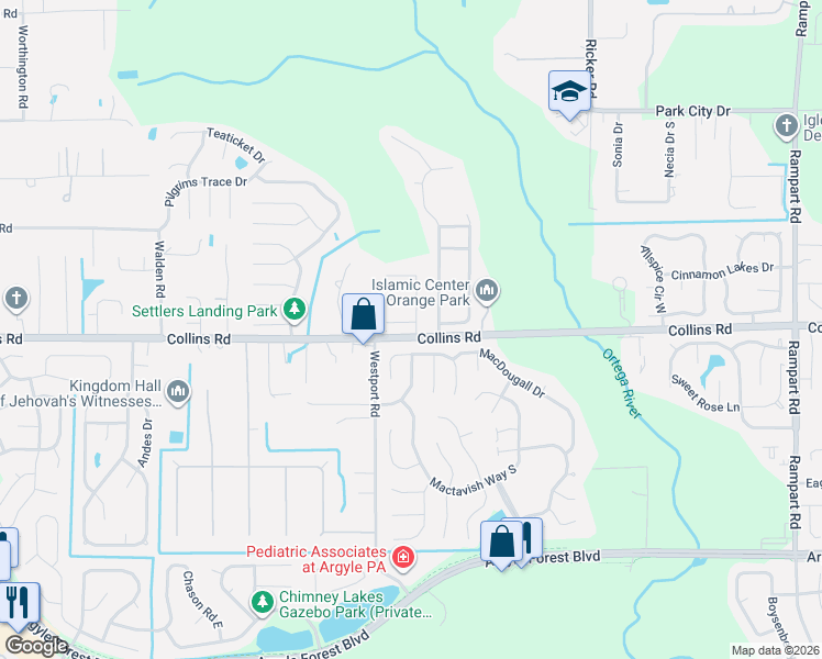 map of restaurants, bars, coffee shops, grocery stores, and more near 7916 Collins Bay Court in Jacksonville