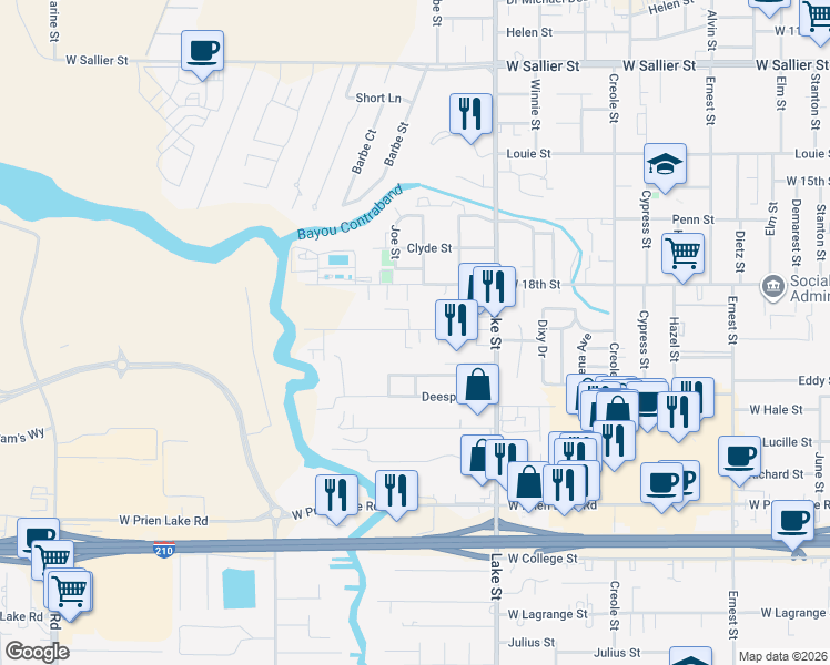 map of restaurants, bars, coffee shops, grocery stores, and more near 1035 Giovanni Street in Lake Charles