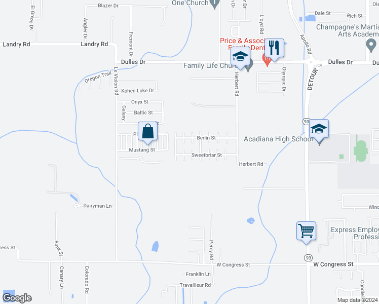 map of restaurants, bars, coffee shops, grocery stores, and more near 600 Sweetbriar Street in Lafayette