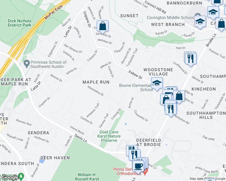 map of restaurants, bars, coffee shops, grocery stores, and more near 8311 Horton Trail in Austin