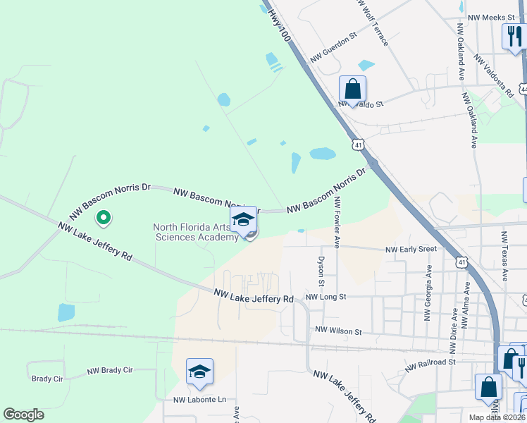 map of restaurants, bars, coffee shops, grocery stores, and more near Northwest Bascom Norris Drive in Lake City