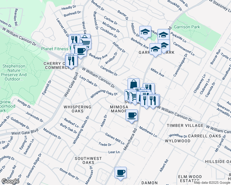 map of restaurants, bars, coffee shops, grocery stores, and more near 6902 Whispering Oaks Drive in Austin