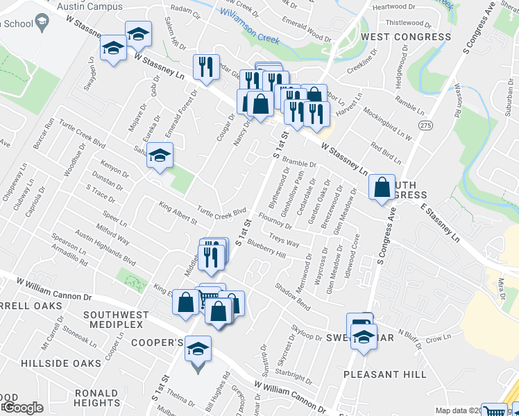 map of restaurants, bars, coffee shops, grocery stores, and more near 5907 South 1st Street in Austin