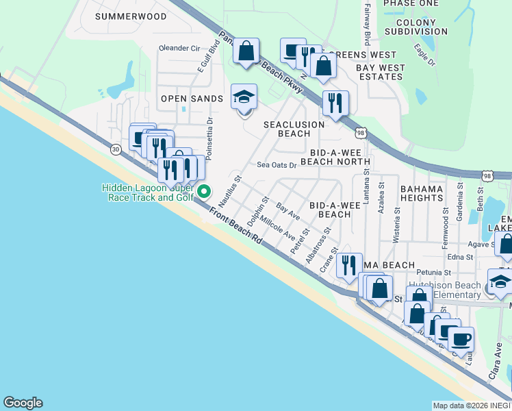 map of restaurants, bars, coffee shops, grocery stores, and more near 505 Dolphin Street in Panama City Beach