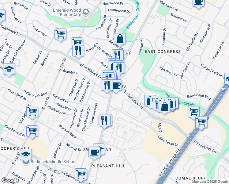 map of restaurants, bars, coffee shops, grocery stores, and more near 105 East Stassney Lane in Austin