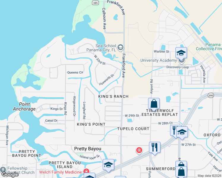 map of restaurants, bars, coffee shops, grocery stores, and more near 2172 Briawood Circle in Panama City