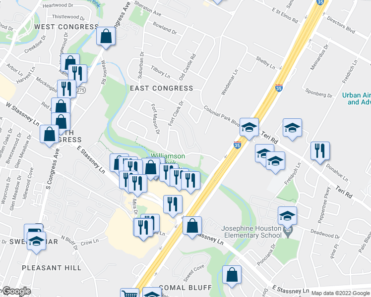 map of restaurants, bars, coffee shops, grocery stores, and more near 5319 Presidio Road in Austin