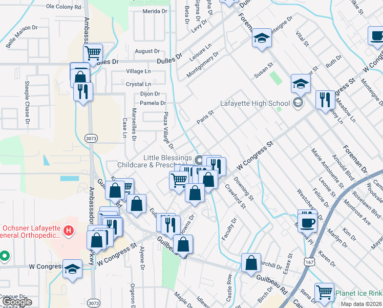 map of restaurants, bars, coffee shops, grocery stores, and more near 109 Seattle Street in Lafayette