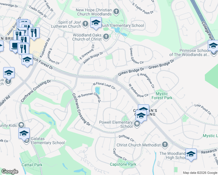 map of restaurants, bars, coffee shops, grocery stores, and more near 71 N Floral Leaf Cir in Spring