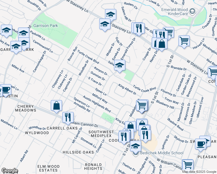 map of restaurants, bars, coffee shops, grocery stores, and more near 6302 Okner Lane in Austin