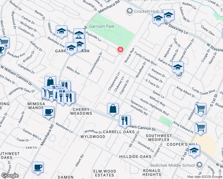 map of restaurants, bars, coffee shops, grocery stores, and more near 6508 Clubway Lane in Austin