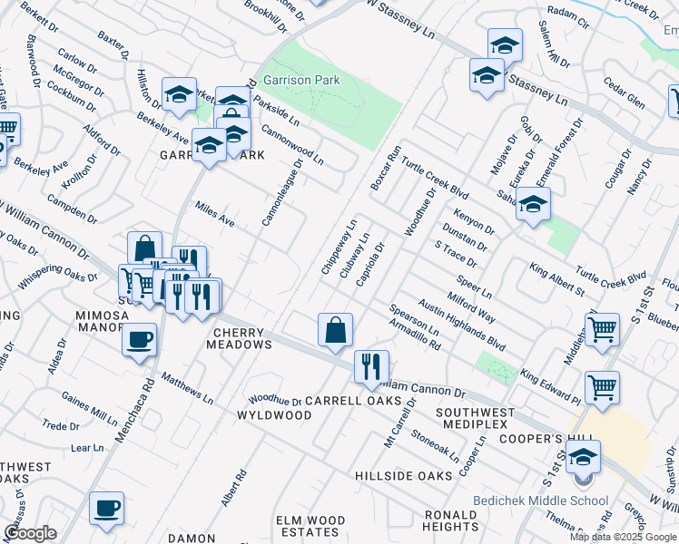map of restaurants, bars, coffee shops, grocery stores, and more near 6508 Clubway Lane in Austin