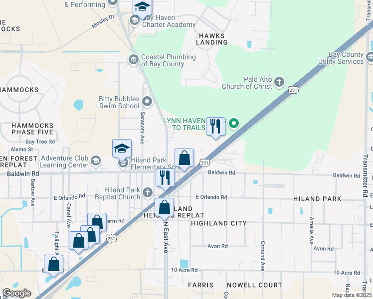 map of restaurants, bars, coffee shops, grocery stores, and more near 3041 Altha Avenue in Panama City