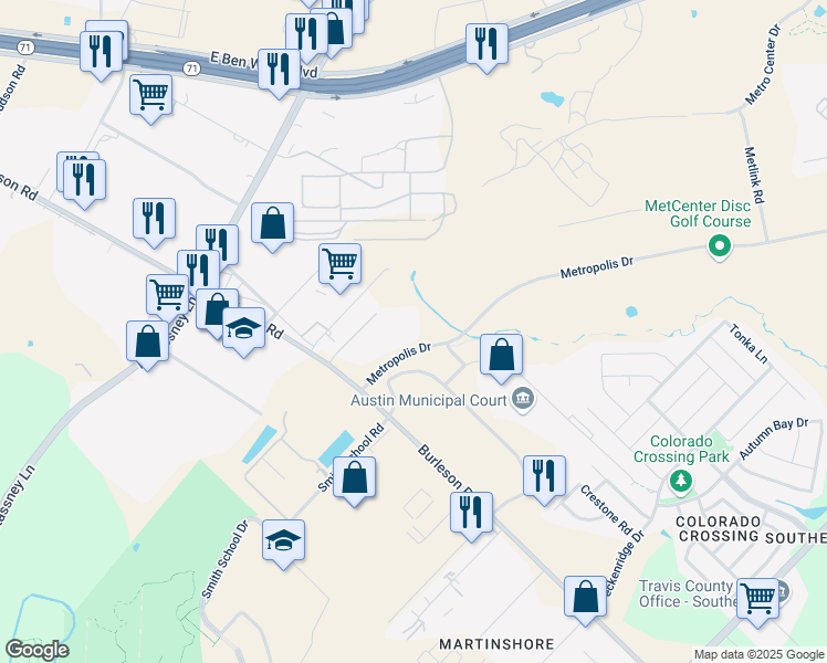 map of restaurants, bars, coffee shops, grocery stores, and more near 6600 Metropolis Drive in Austin