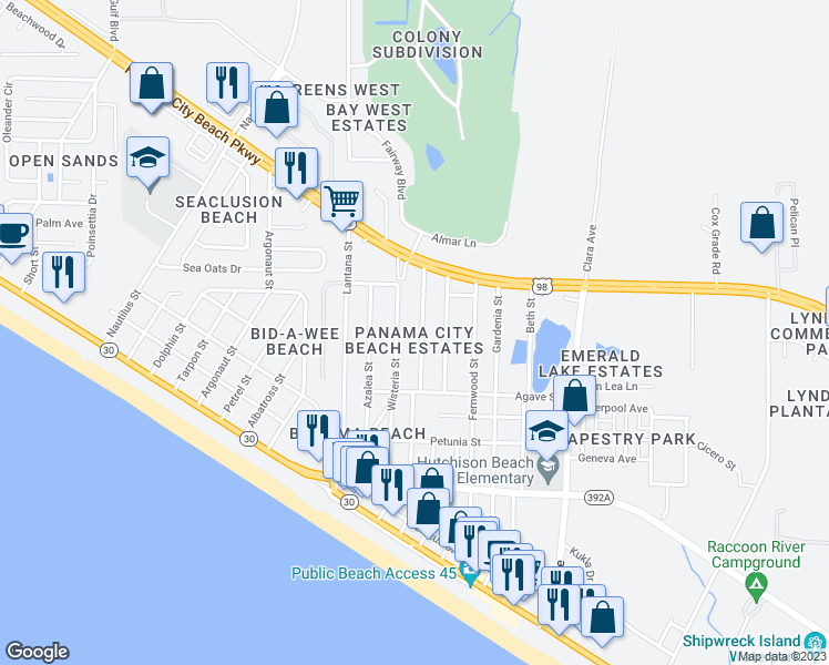 map of restaurants, bars, coffee shops, grocery stores, and more near 206 Dogwood Street in Panama City Beach
