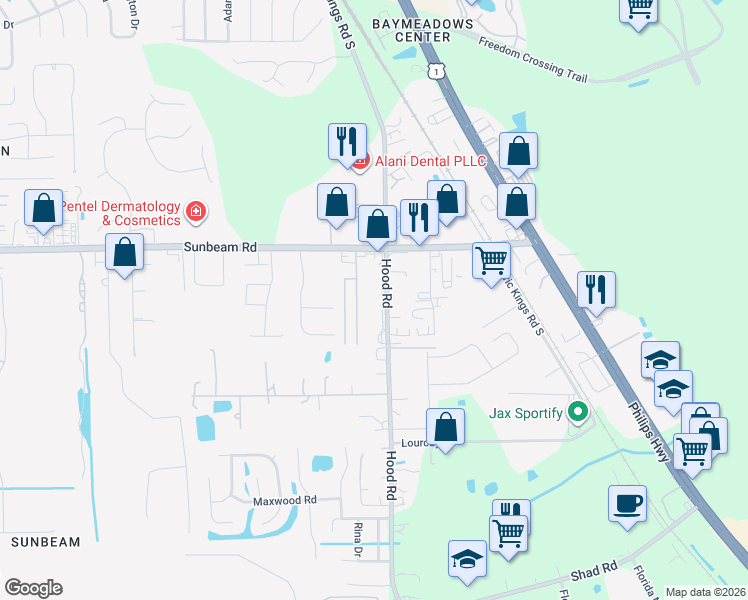 map of restaurants, bars, coffee shops, grocery stores, and more near 9605 Hood Road south in Jacksonville