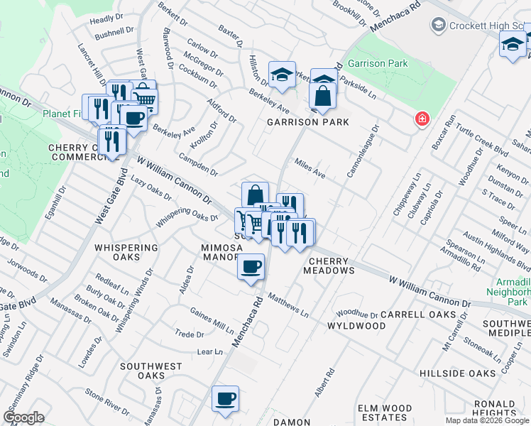 map of restaurants, bars, coffee shops, grocery stores, and more near 6800 Menchaca Road in Austin