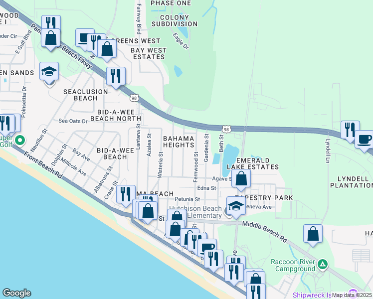map of restaurants, bars, coffee shops, grocery stores, and more near 109 Evergreen Street in Panama City Beach