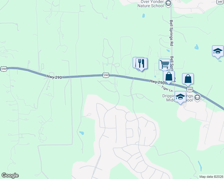 map of restaurants, bars, coffee shops, grocery stores, and more near 105 Quartz Drive in Dripping Springs