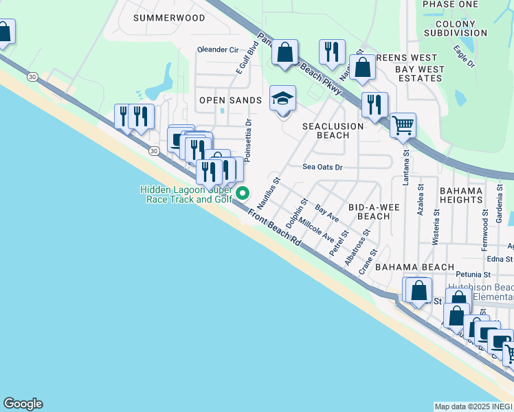 map of restaurants, bars, coffee shops, grocery stores, and more near 14400 Front Beach Road in Panama City