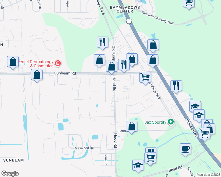 map of restaurants, bars, coffee shops, grocery stores, and more near 9605 Hood Road south in Jacksonville