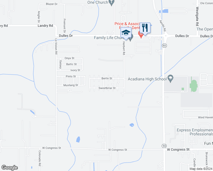 map of restaurants, bars, coffee shops, grocery stores, and more near 300 Sweetbriar Street in Lafayette